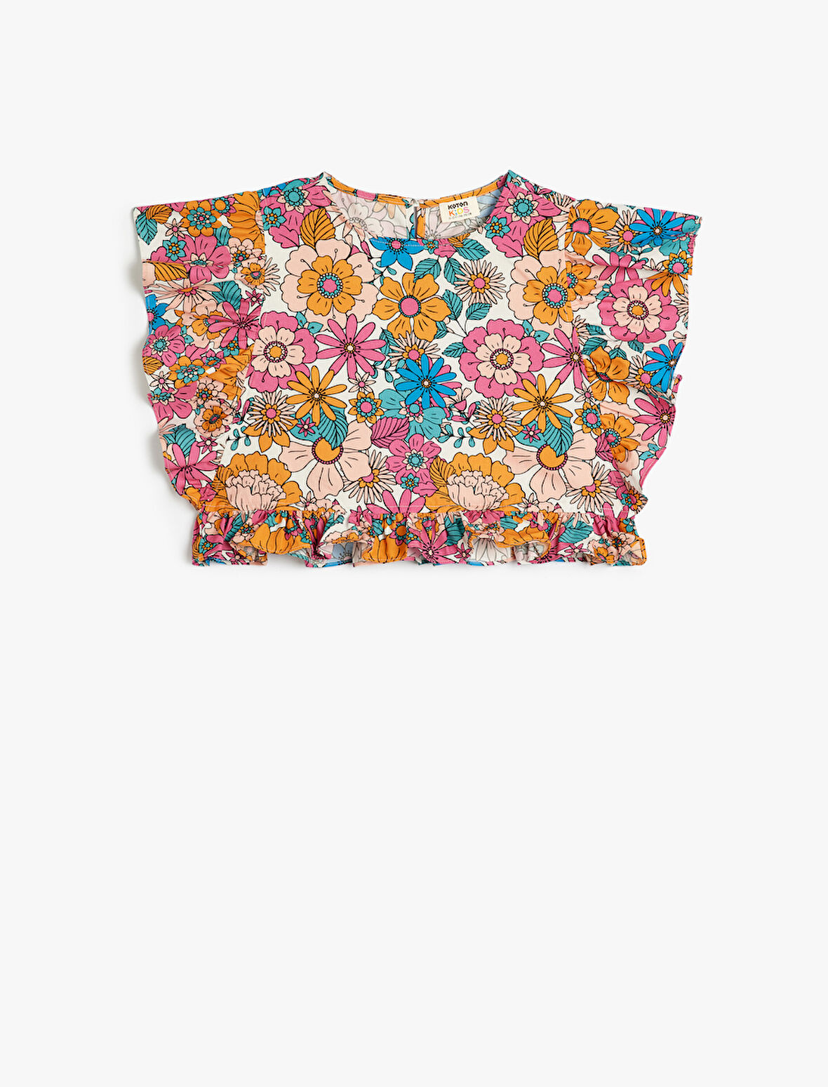 Crop Bluz Kolsuz Fırfırlı Çiçek Desenli Pamuklu