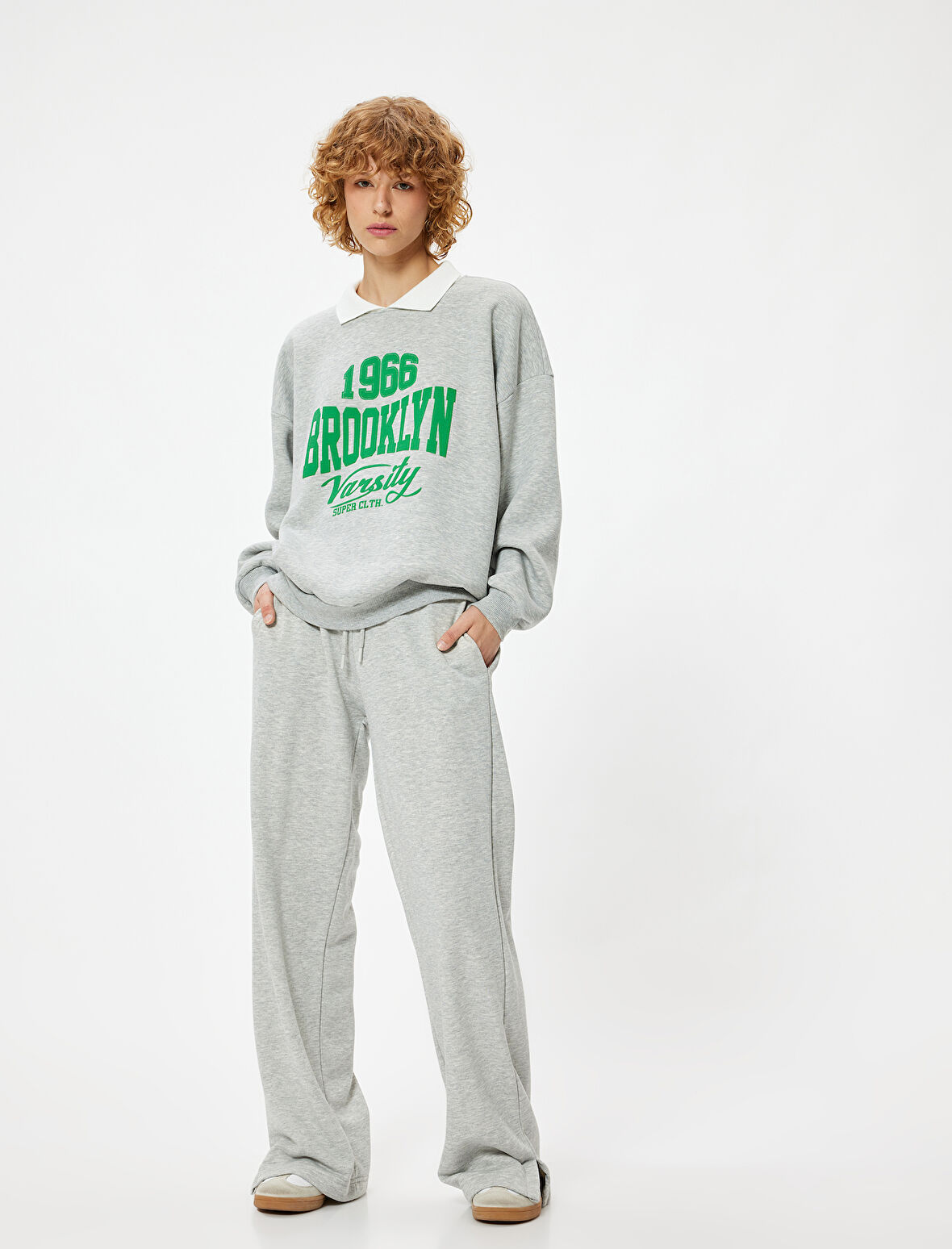 Polo Yaka Sweatshirt Oversize Kolej Baskılı Uzun Kollu