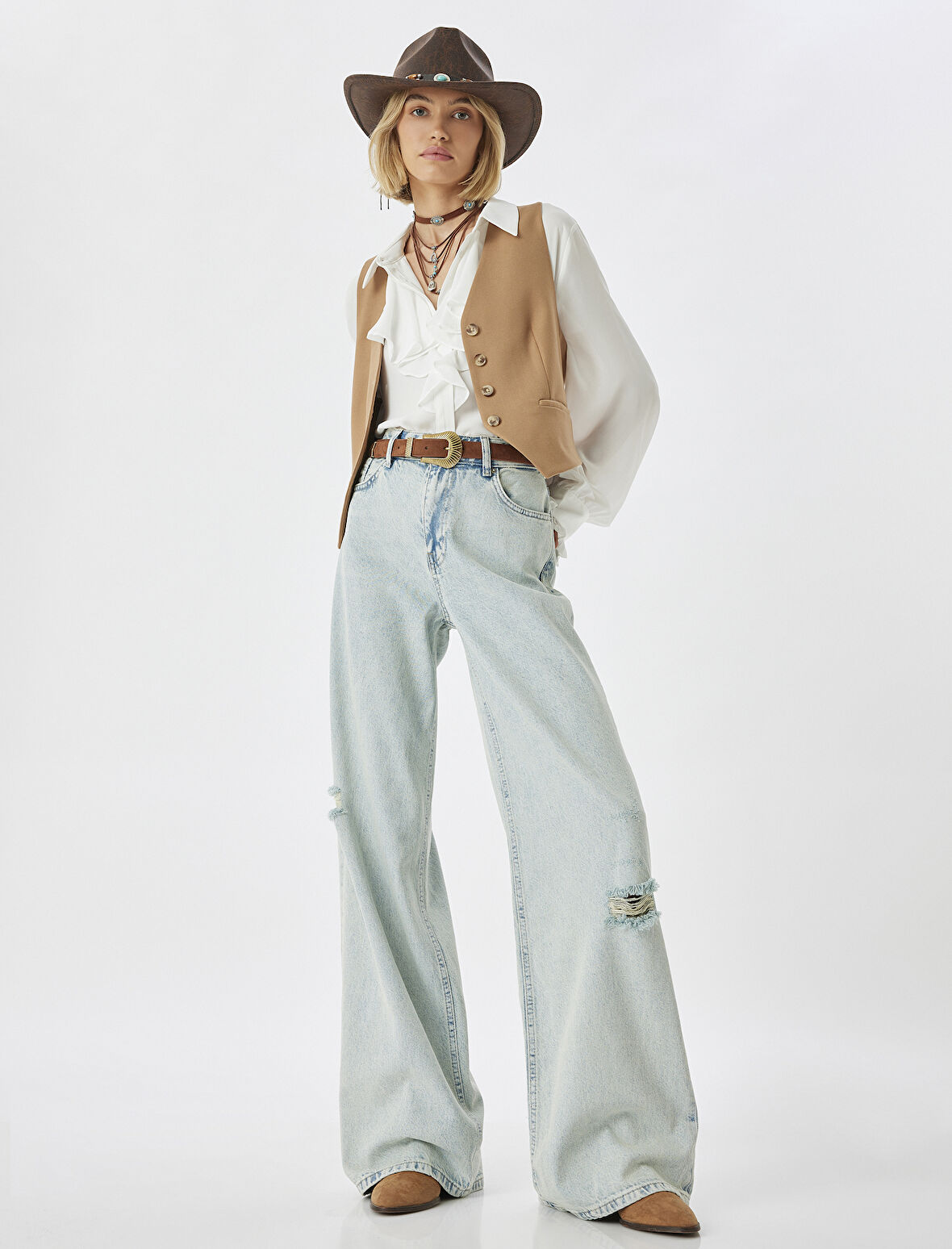 Yırtık Kot Pantolon Düşük Bel Düğmeli Bol Paça Pamuklu - Loose Straight Fit Jean