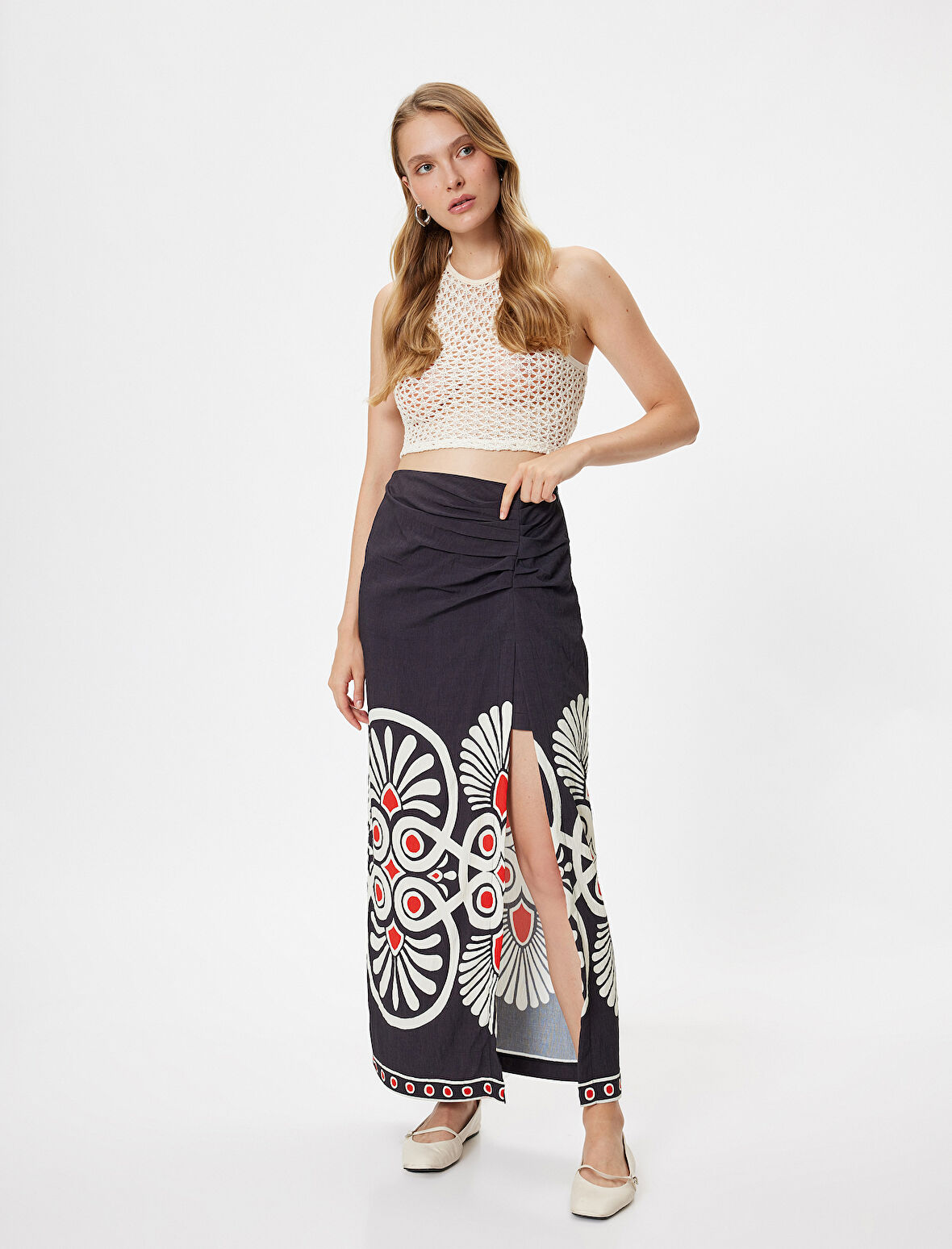 Koton X Melis Ağazat - Midi Boy Çiçekli Etek Kruvaze Yırtmaçlı Viskon Kumaş