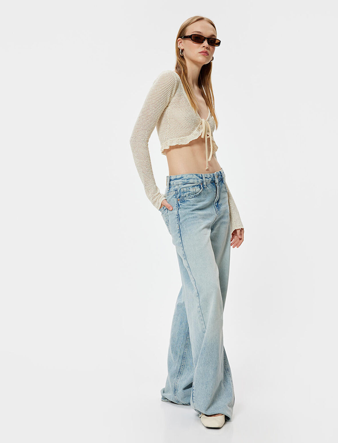 Örgü Crop Hırka Bağcık Detaylı Uzun Kollu