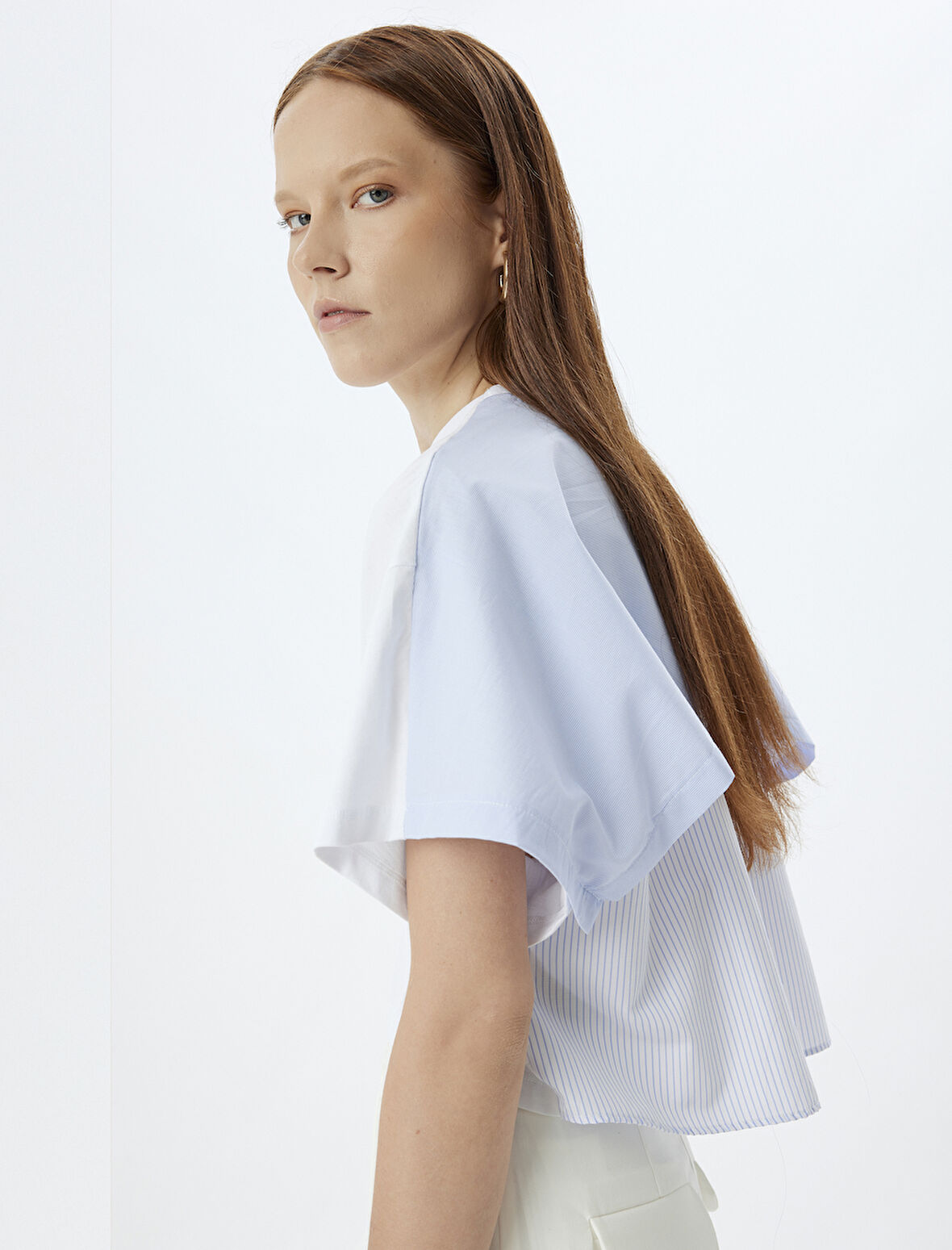 Çizgili Tişört İki Farklı Kumaş Kullanımlı Pamuklu