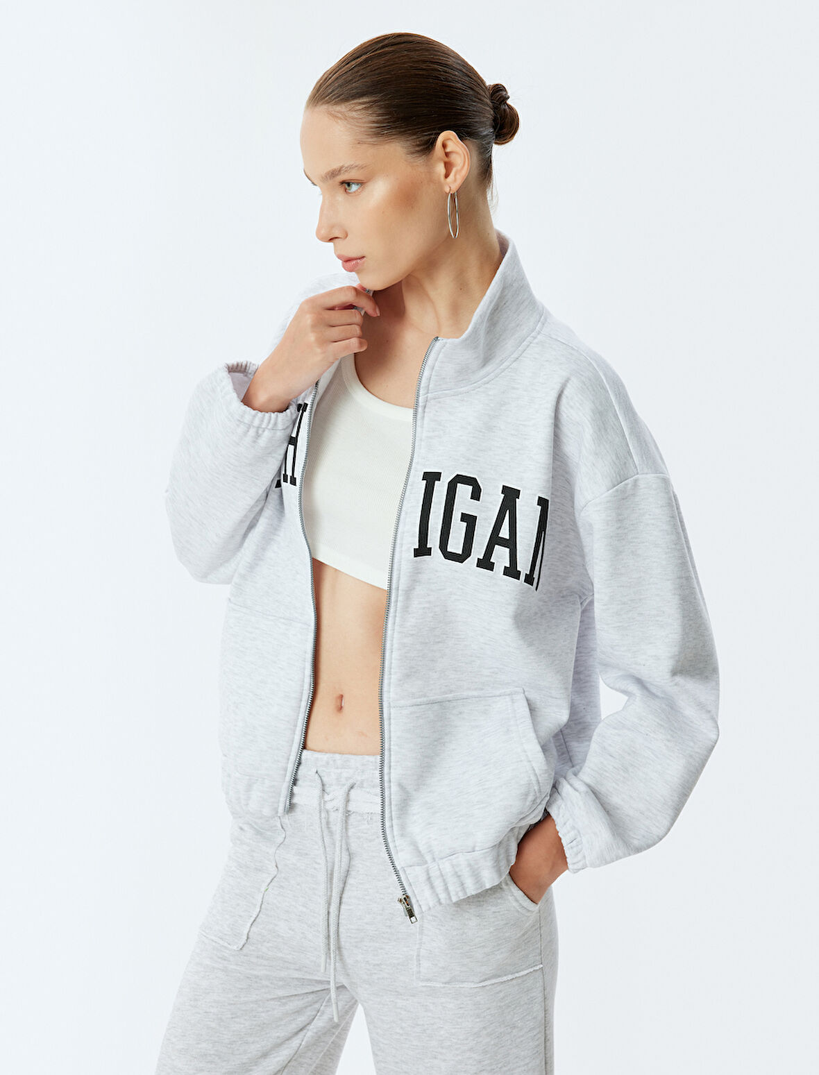 Oversize Fermuarlı Kolej Baskılı Dik Yaka Sweatshirt