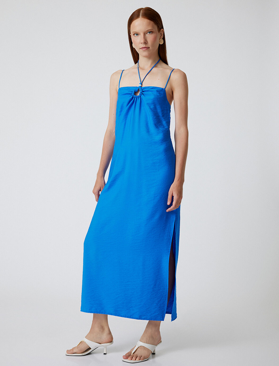 Koton X Şahika Ercümen - Askılı Viskon Uzun Elbise Halka Detaylı Yırtmaçlı