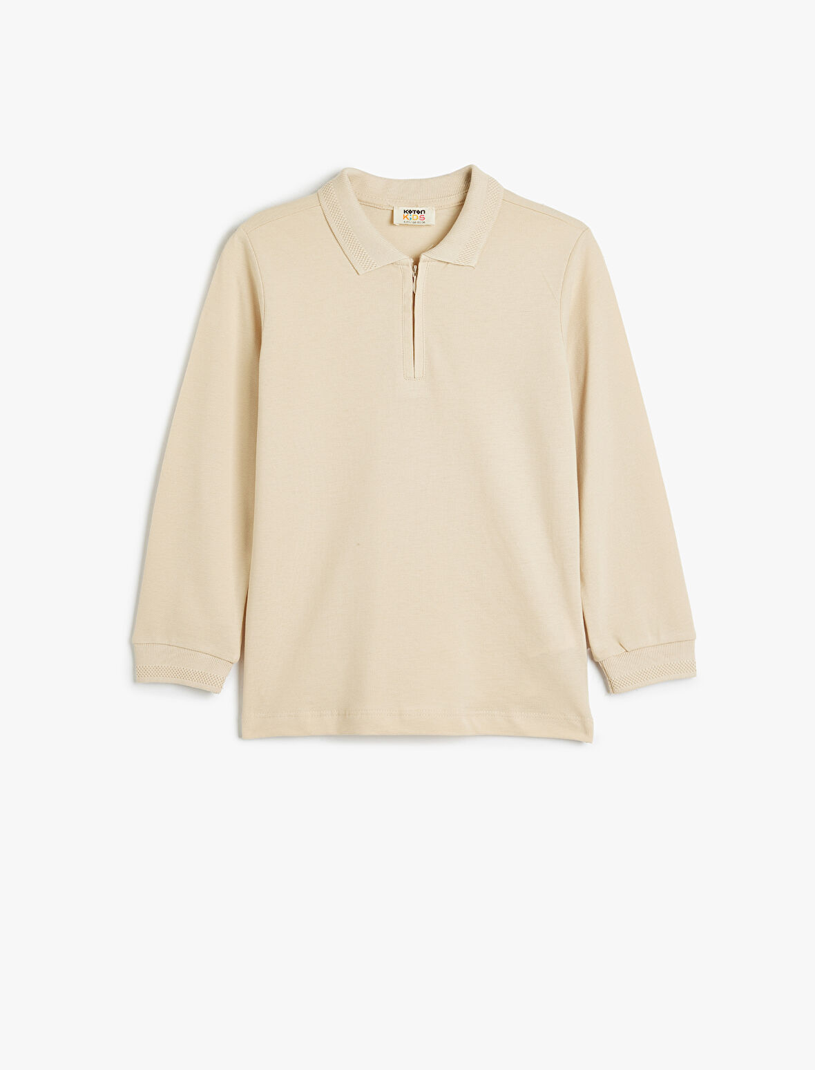 Polo Tişört Uzun Kollu Yarım Fermuarlı Şerit Detaylı Pamuklu