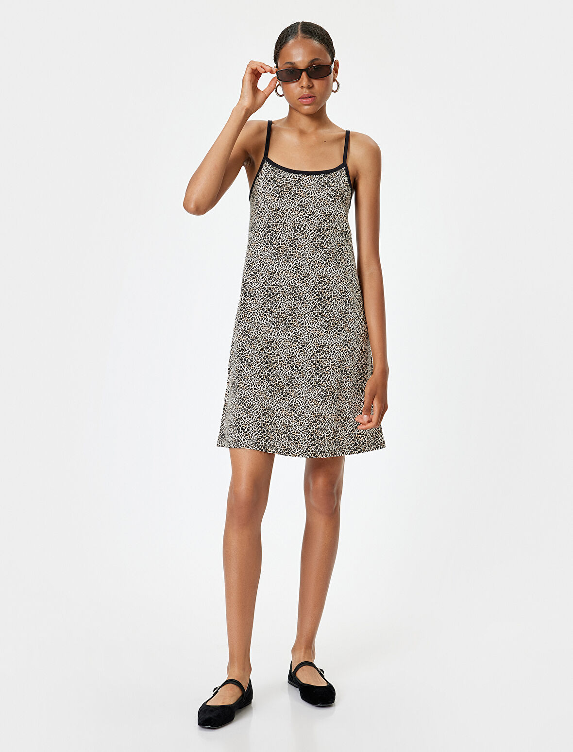 Leopar Desenli Elbise Kloş Mini Askılı Rahat Kesim