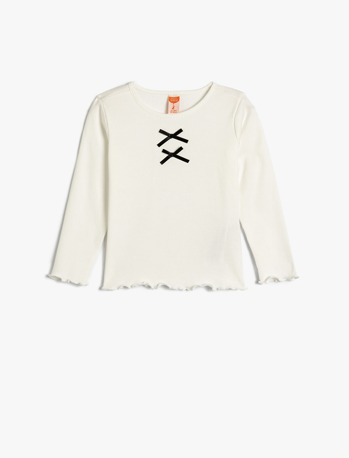 Tişört Fiyonk Aplikeli Uzun Kollu Bisiklet Yaka Pamuklu