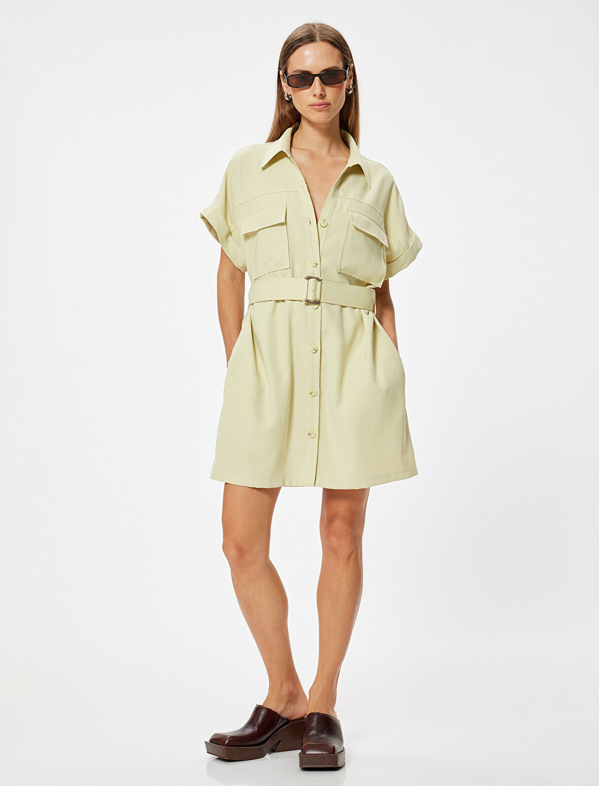 Mini Gömlek Elbise Viskon Kısa Kollu Kemerli Cepli