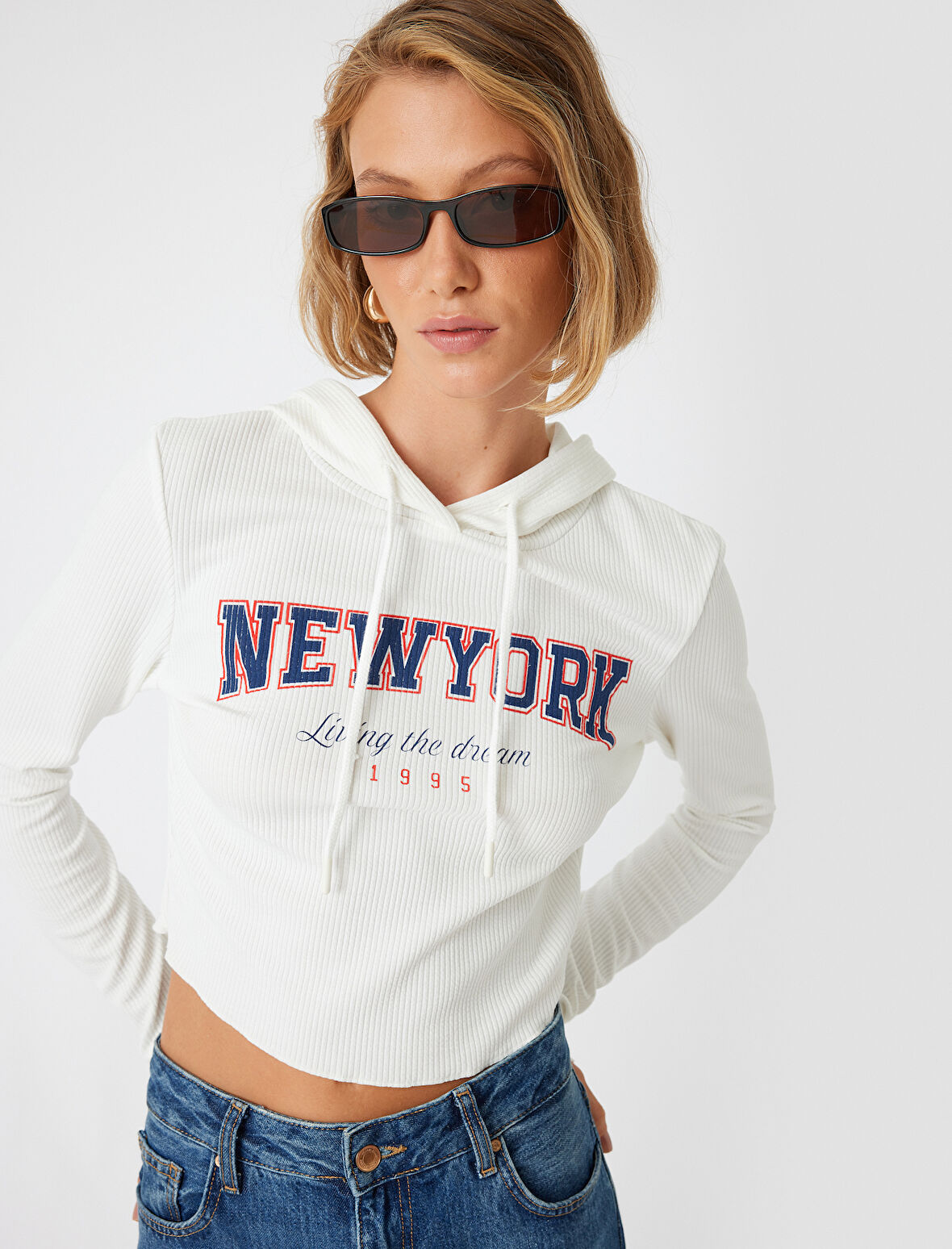 Kolej Kapüşonlu Tişört Fitilli Baskılı Uzun Kollu Slim Fit