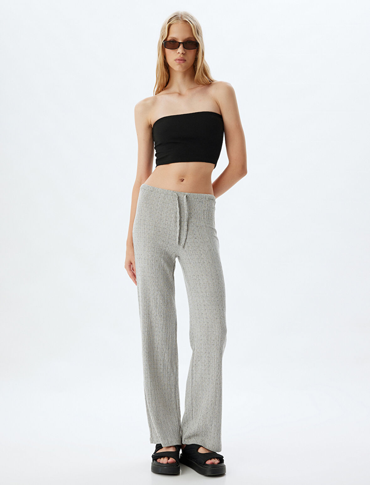 Bol Paça Pantolon Yüksek Bel Bağcıklı Bürümcük Rahat Kalıp