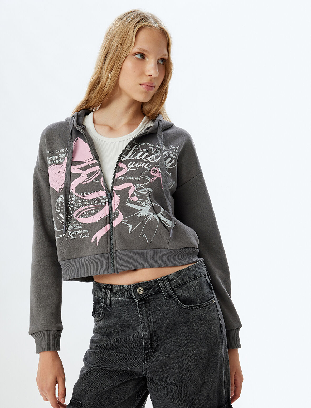 Crop Sweatshirt Fermuarlı Kapüşonlu Baskılı Cep Detaylı Şardonlu