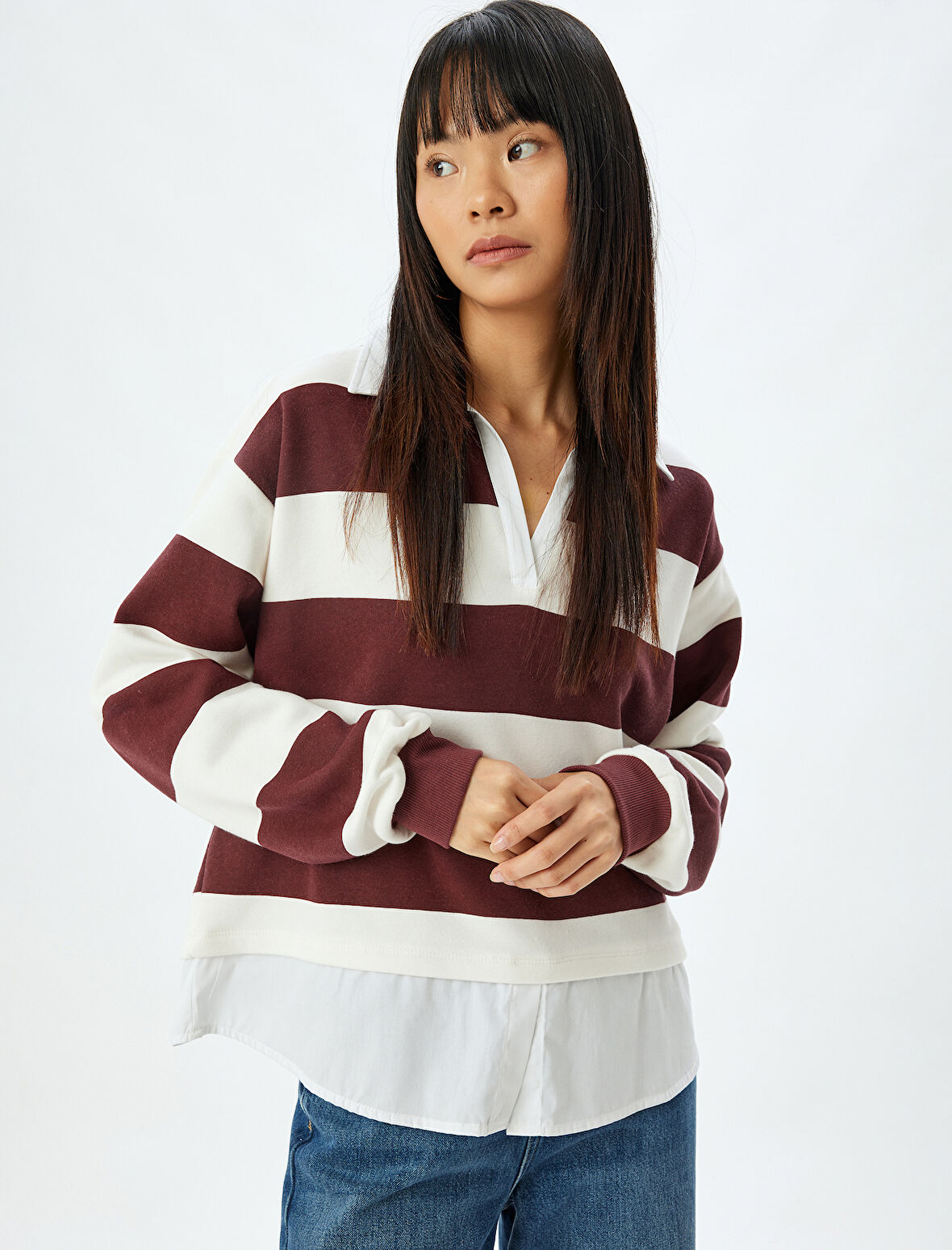 Gömlek Yaka Sweatshirt Oversize Renk Bloklu Şardonlu