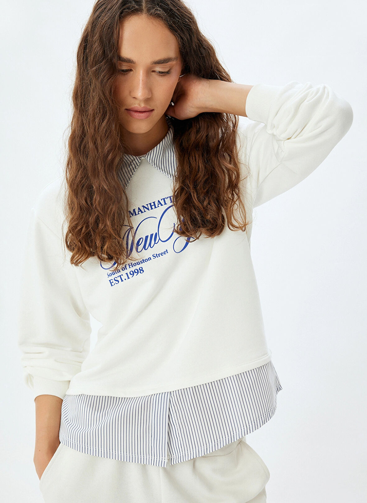 Koton Gömlek Yaka Ekru Kadın Sweatshırt 5WAL10449IK