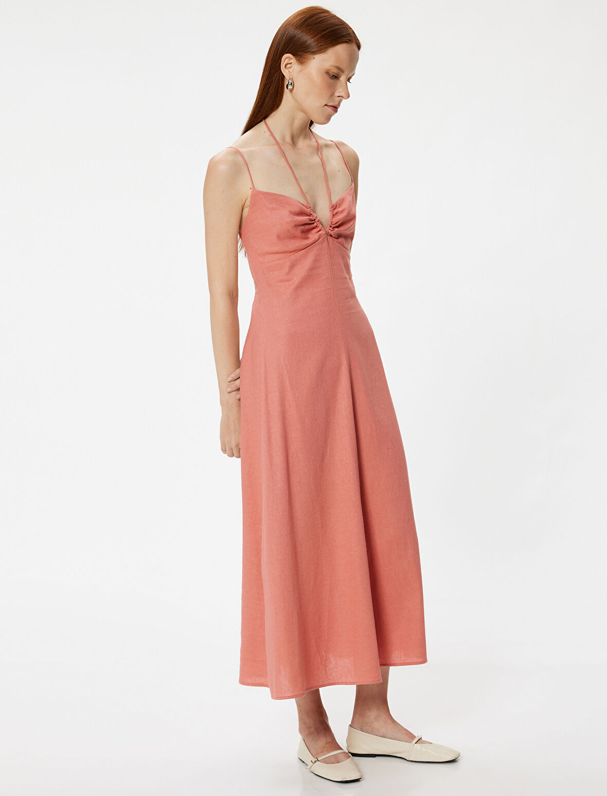 Uzun Keten Elbise Askılı Boyundan Bağlama Detaylı 