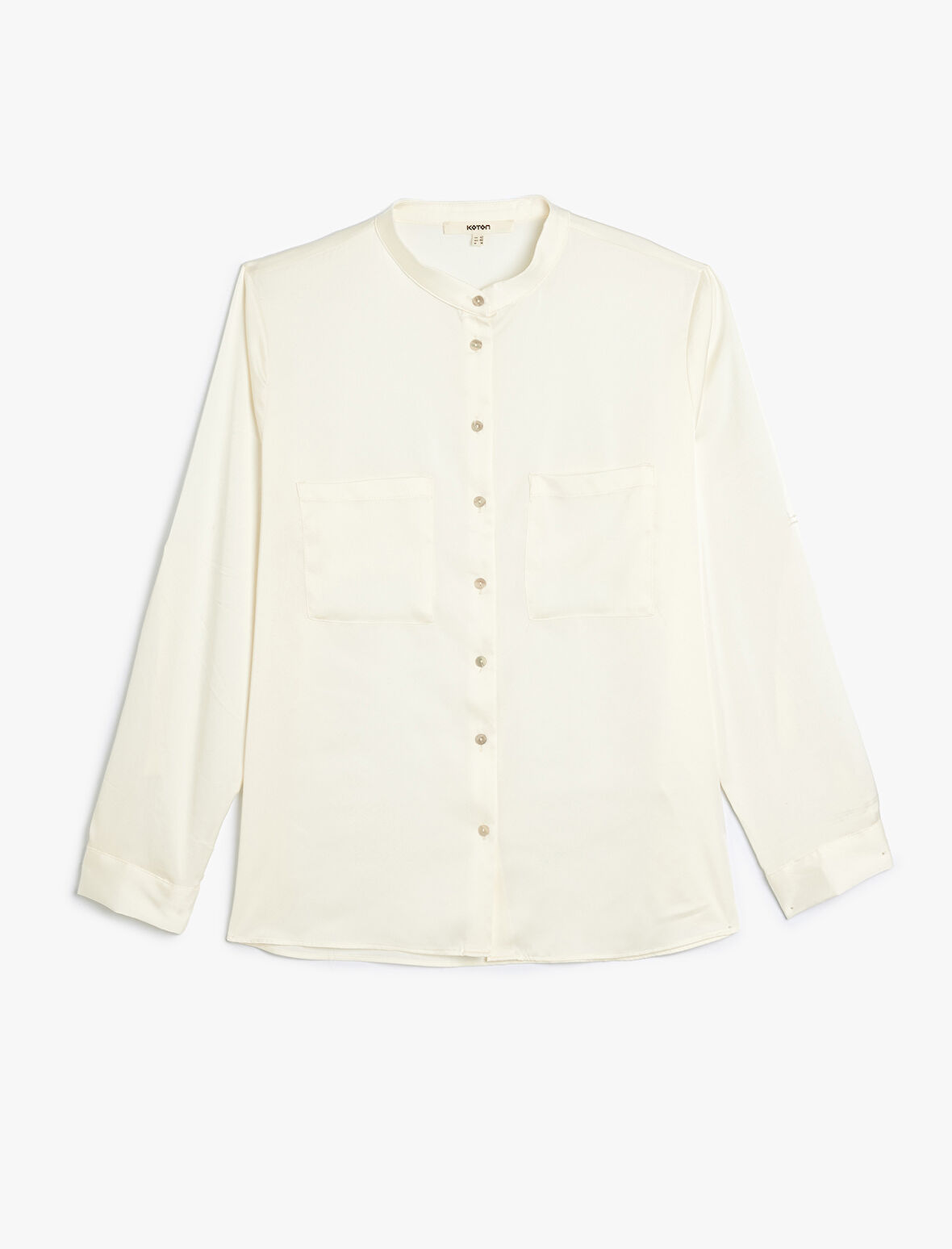 Yakasız Saten Gömlek Uzun Kollu Aplike Cep Detaylı