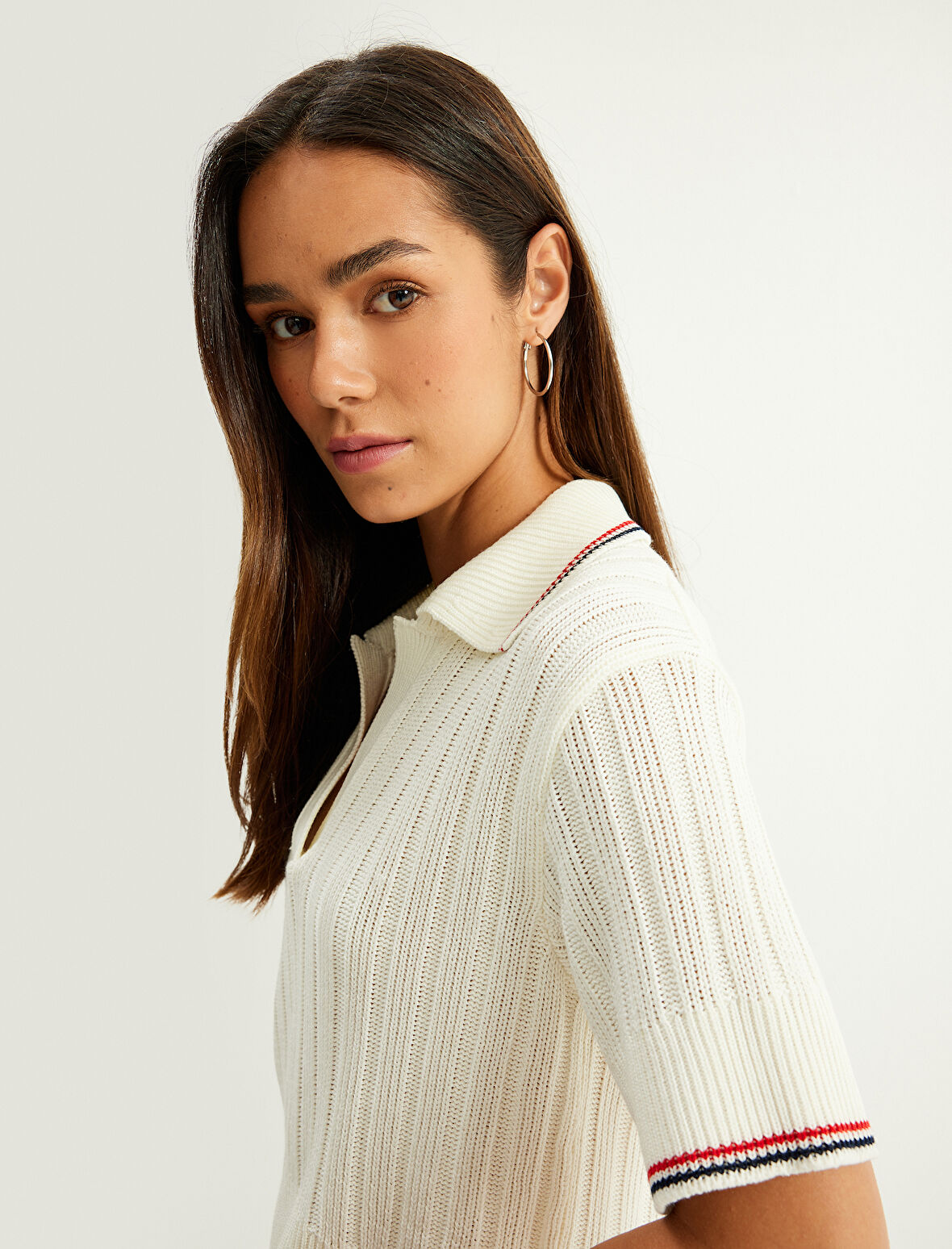 Polo Yaka Triko Kazak Kısa Kollu Dokulu  