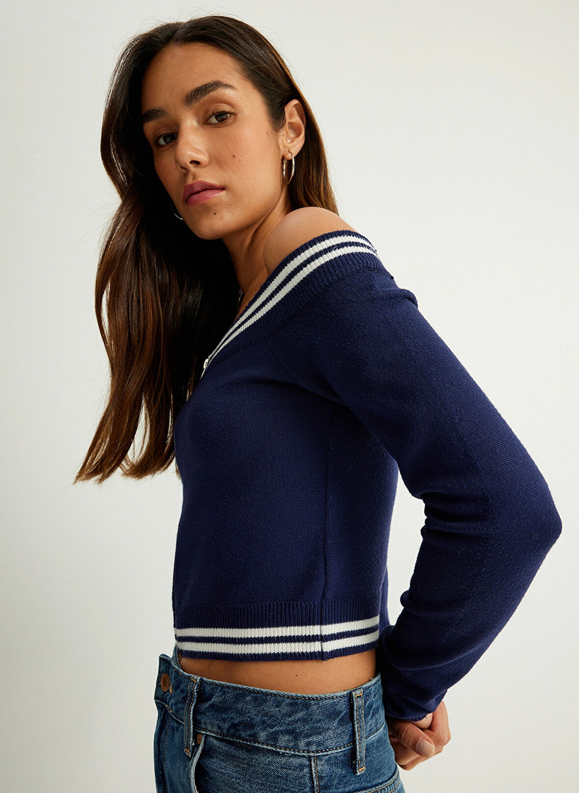 Koton Bisiklet Yaka Normal Lacivert Kazak Kadın 5WAK90433HT702