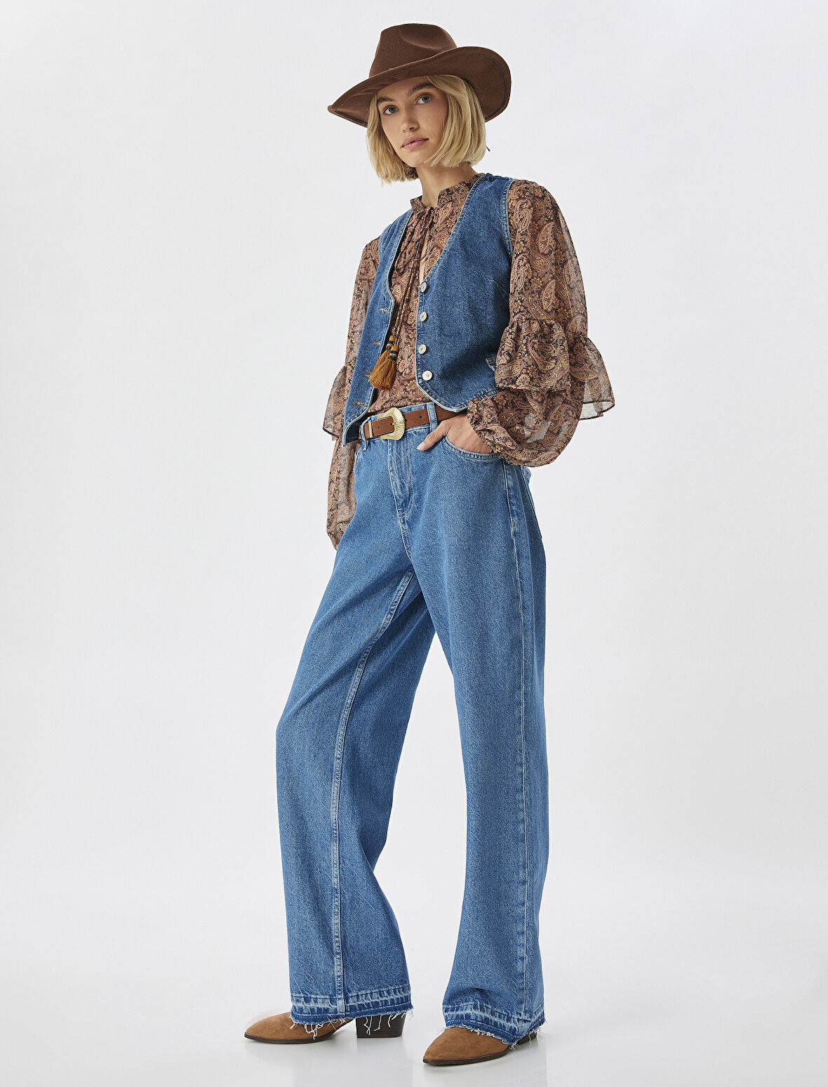 Düz Paça Çift Bel Detaylı Pamuklu Kot Pantolon - Straight Jean