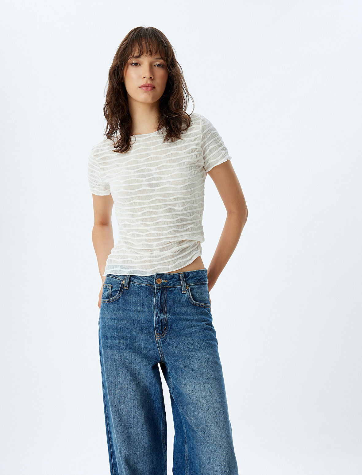 Yarı Transparan Crop Tişört Çizgili Kısa Kollu Yuvarlak Yaka 