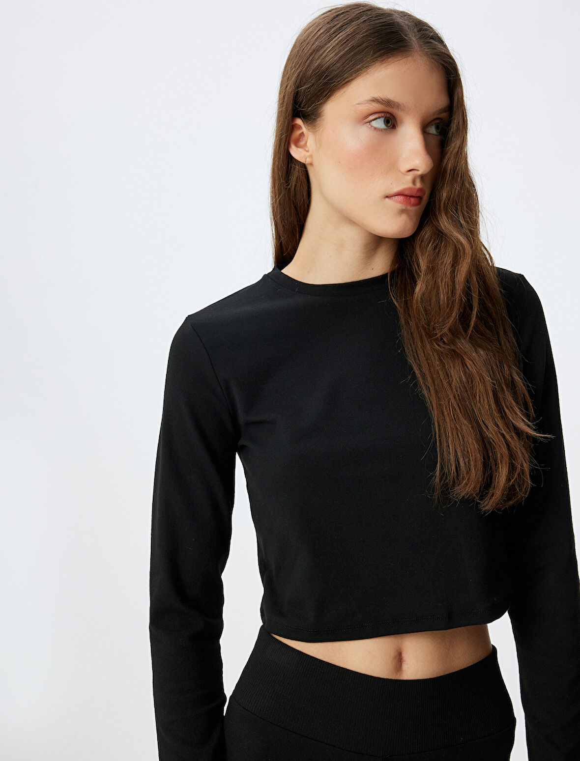 Crop Örme Pijama Üstü Rahat Kalıp Uzun Kollu Bisiklet Yaka