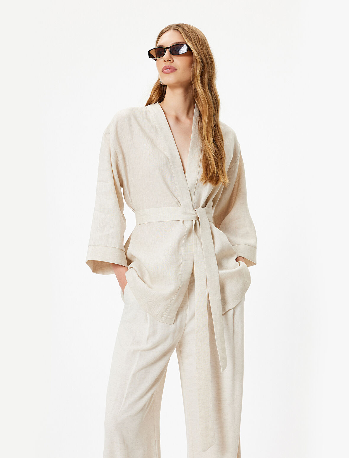 Oversize Keten Kimono Kalça Boy Geniş 3/4 Kol Kuşak Detaylı