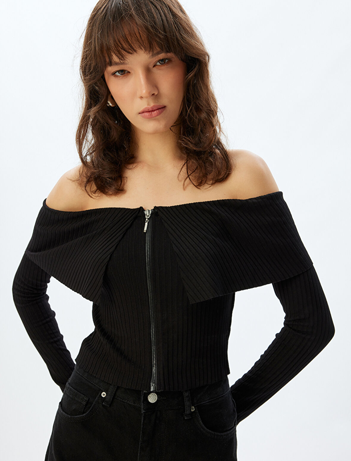 Fermuarlı Uzun Kollu Triko Slim Fit Omzu Açık Yelek