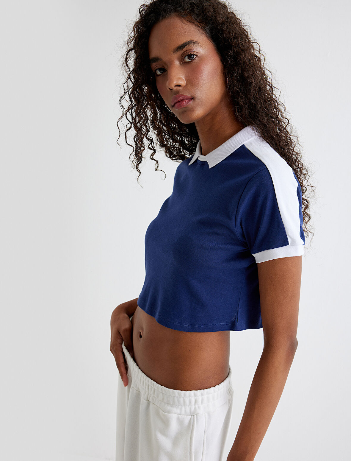 Polo Crop Tişört Kısa Kollu Renk Bloklu