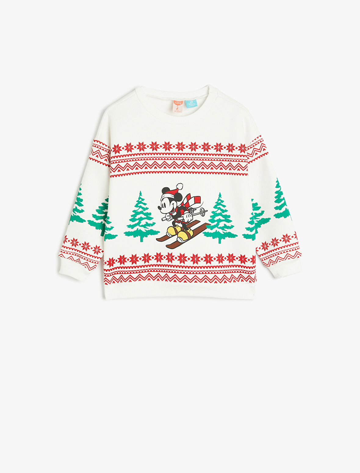 Yılbaşı Temalı Mickey Mouse Baskılı Lisanslı Sweatshirt Uzun Kollu Bisiklet Yaka Pamuklu