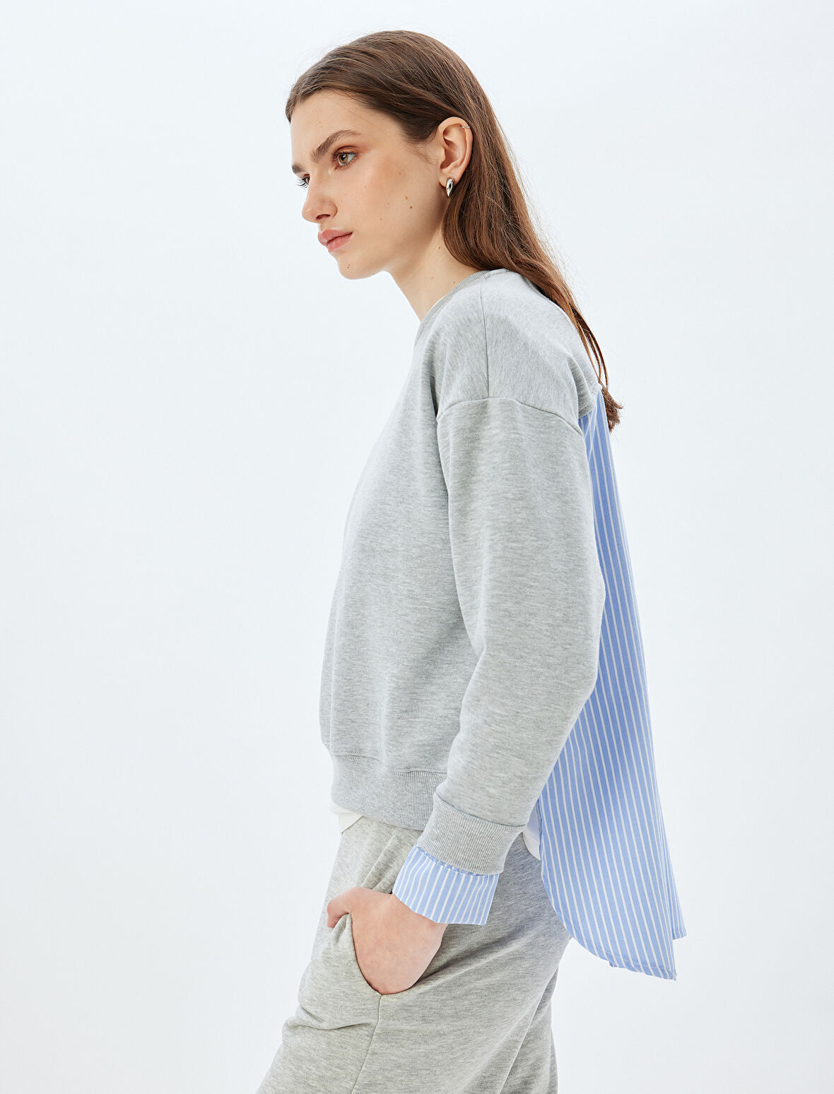 Oversize Sweatshirt İki Farklı Kumaş Kullanımlı Bisiklet Yaka Uzun Kollu