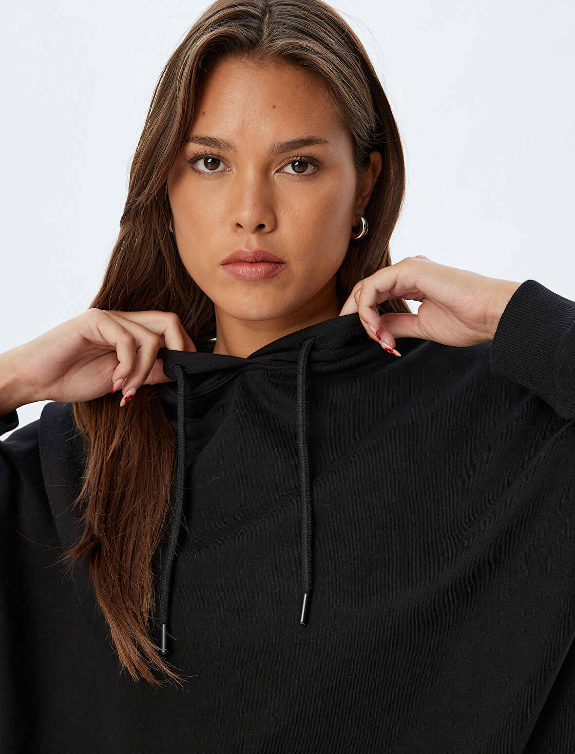 Kapşonlu Sweatshirt Basic Uzun Kollu Üç İplik Pamuklu