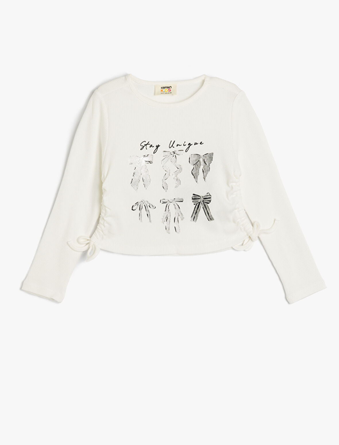 Tişört Uzun Kollu Bisiklet Yaka Yanları Büzgülü Bağlamalı Fiyonk Baskılı Pamuklu