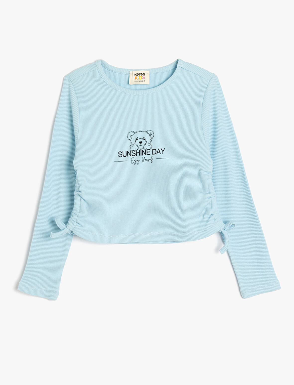 Tişört Uzun Kollu Bisiklet Yaka Yanları Büzgülü Bağlamalı Ayıcık Baskılı Pamuklu