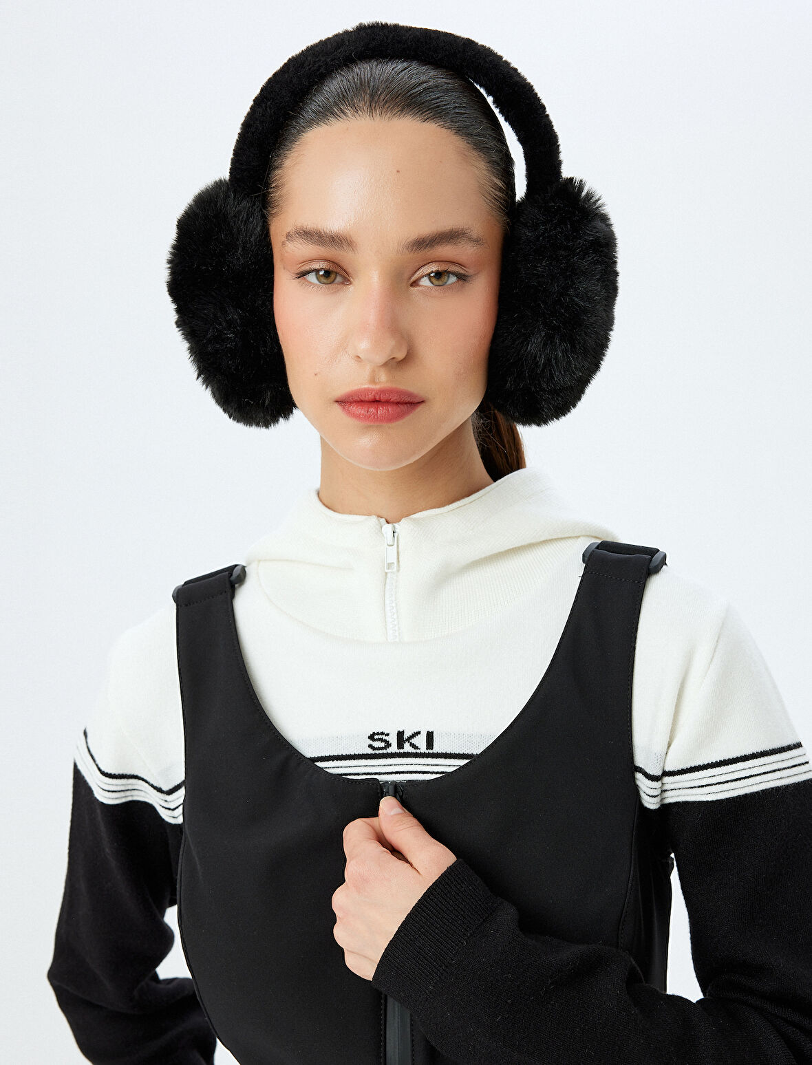 Kapüşonlu Triko Kazak Fermuar Detaylı Renk Bloklu Uzun Kollu