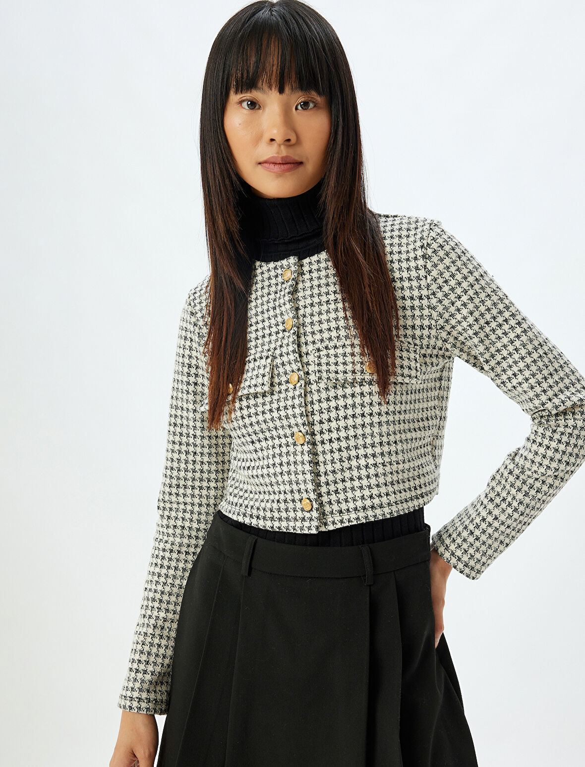 Crop Hırka Kaz Ayağı Desenli Düğmeli Bisiklet Yaka Cep Detaylı