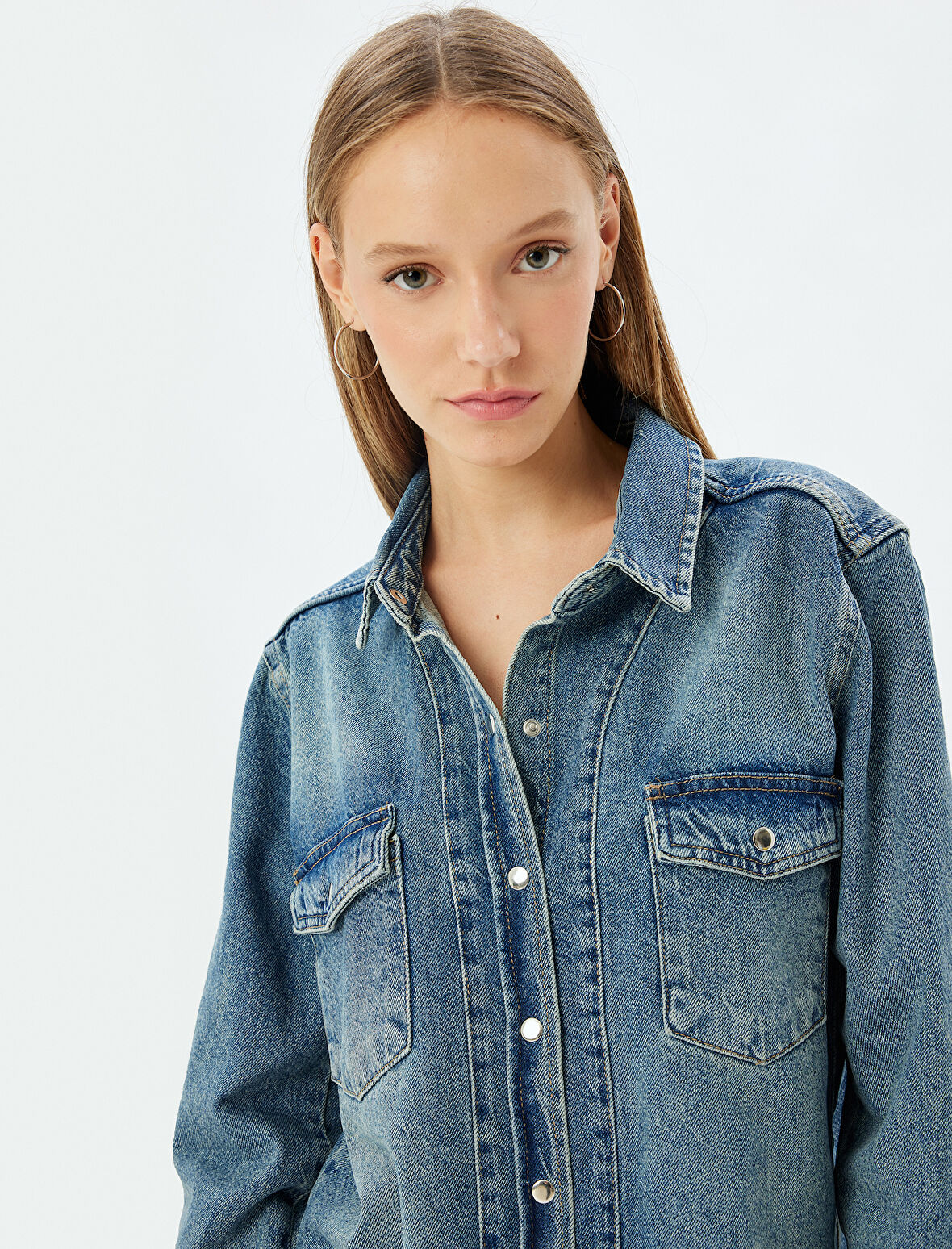 Kot Gömlek Oversize Klasik Yaka Düğmeli Cep Detaylı