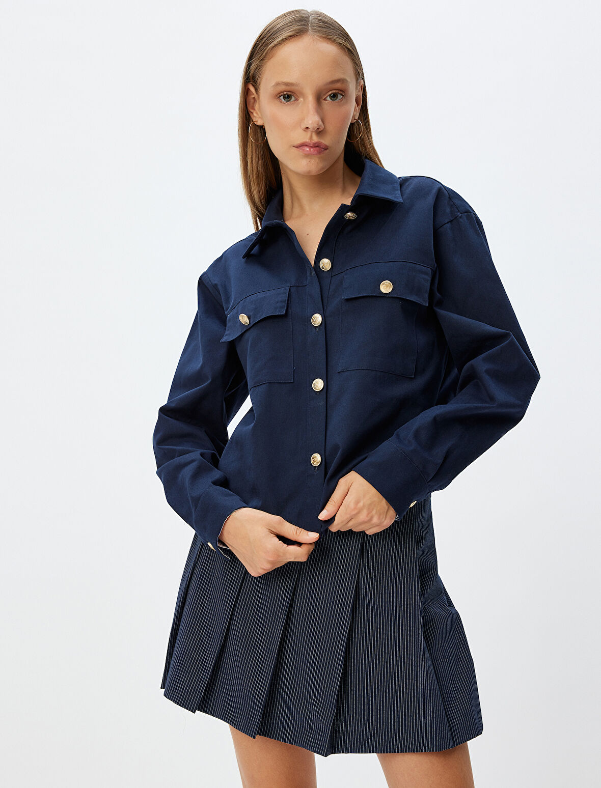 Gabardin Gömlek Klasik Yaka Uzun Kollu Cep Detaylı Düğmeli