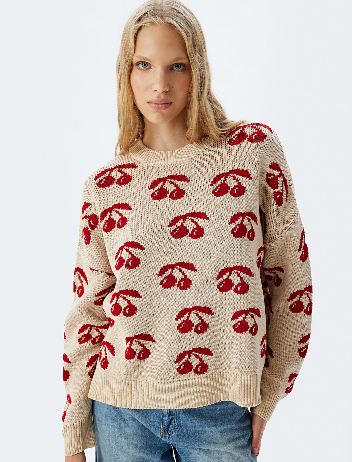 Oversize Kazak Kiraz Desenli Bisiklet Yaka Uzun Kollu