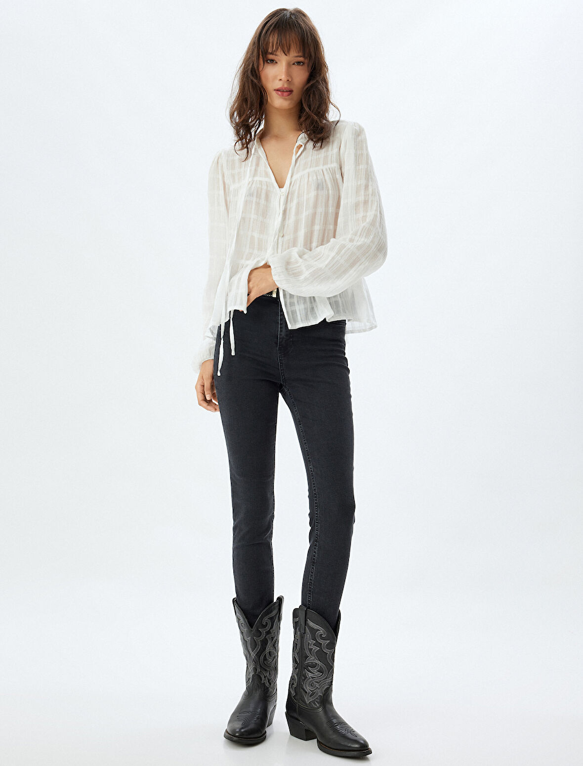Yüksek Bel Kot Pantolon Düğmeli Dar Kalıp - Skinny Fit Jean