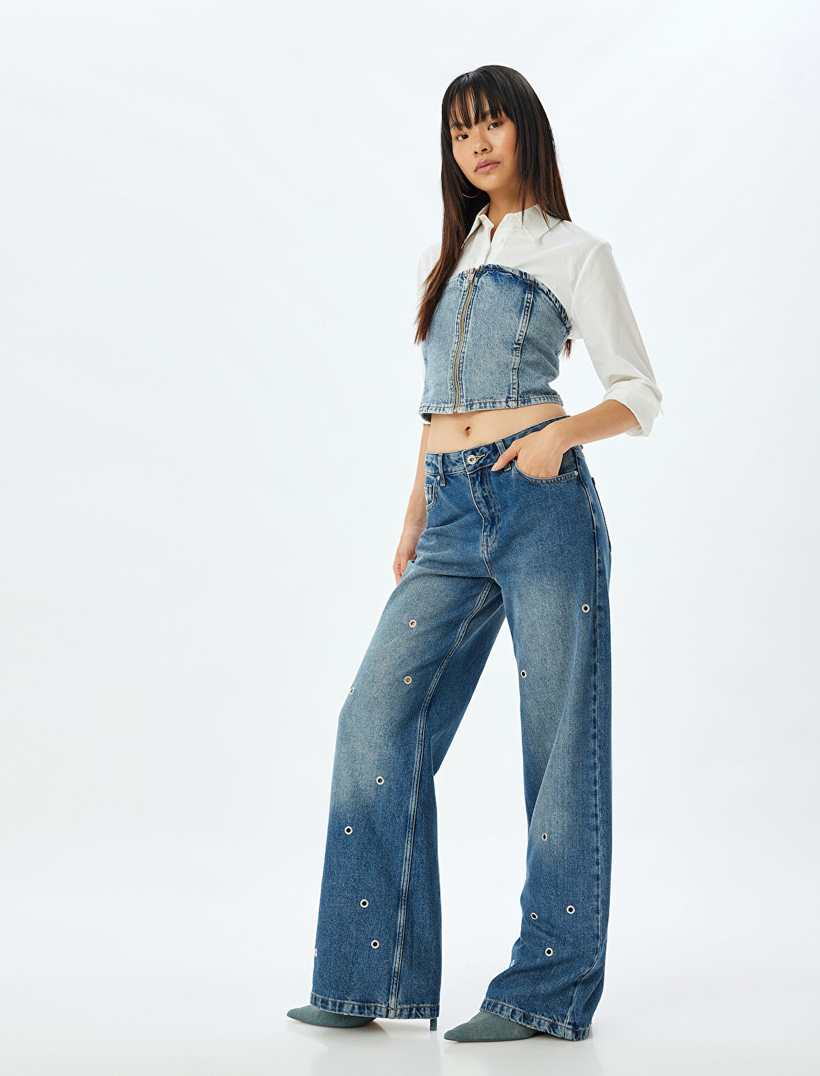 Geniş Paça Kot Pantolon Kuşgözü Detaylı Normal Bel Pamuklu - Wide Leg Jeans