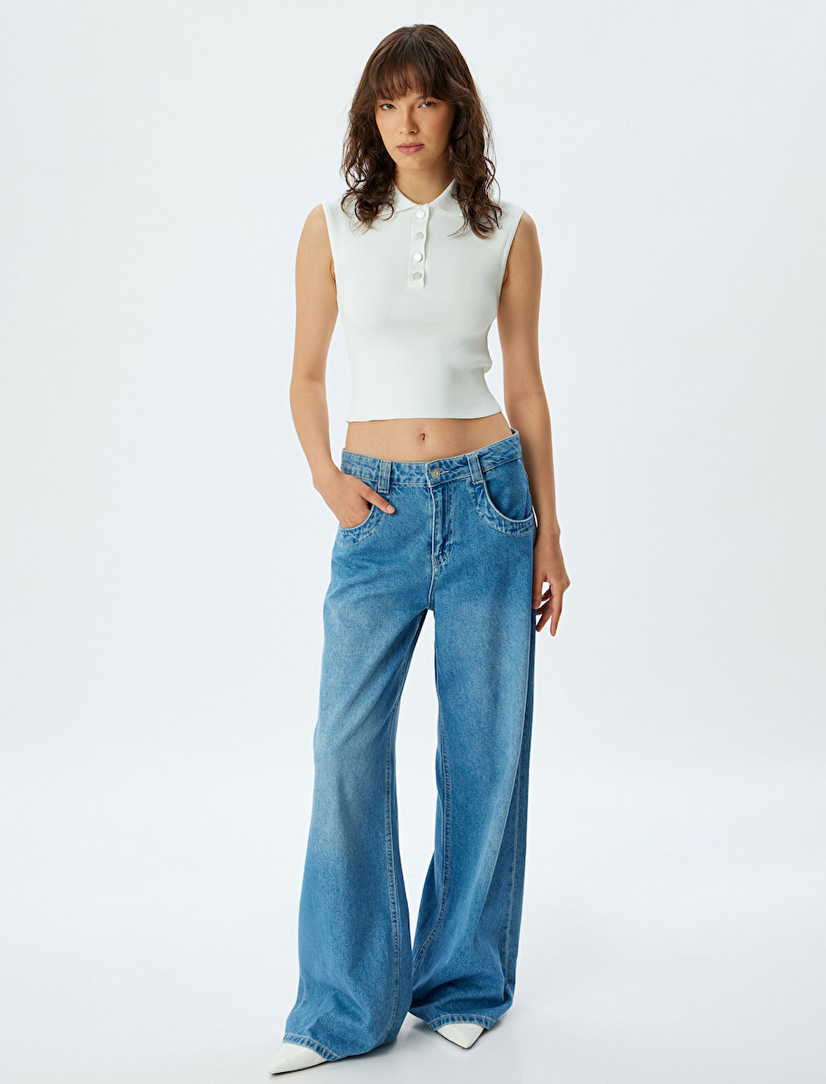 Kolsuz Düğmeli Polo Yaka Crop Triko Üst