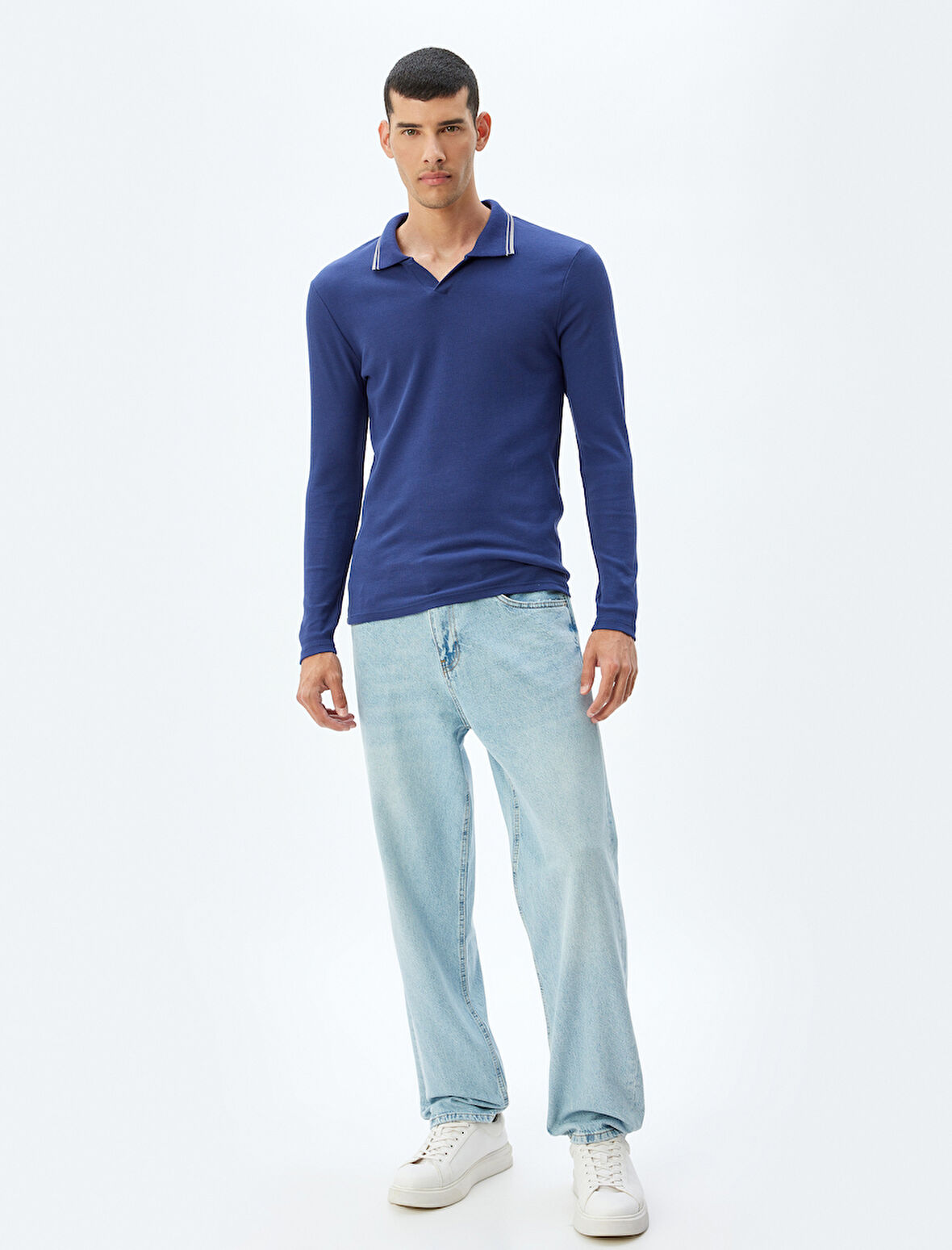 Slim Fit Tişört Uzun Kollu V Yaka Polo Pamuklu