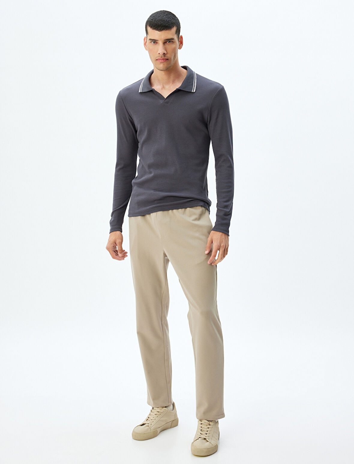 Slim Fit Tişört Uzun Kollu V Yaka Polo Pamuklu