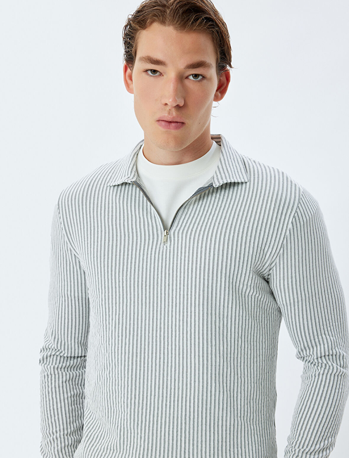 Fermuarlı Yaka Kazak Dokulu Uzun Kollu Pamuk Karışımlı