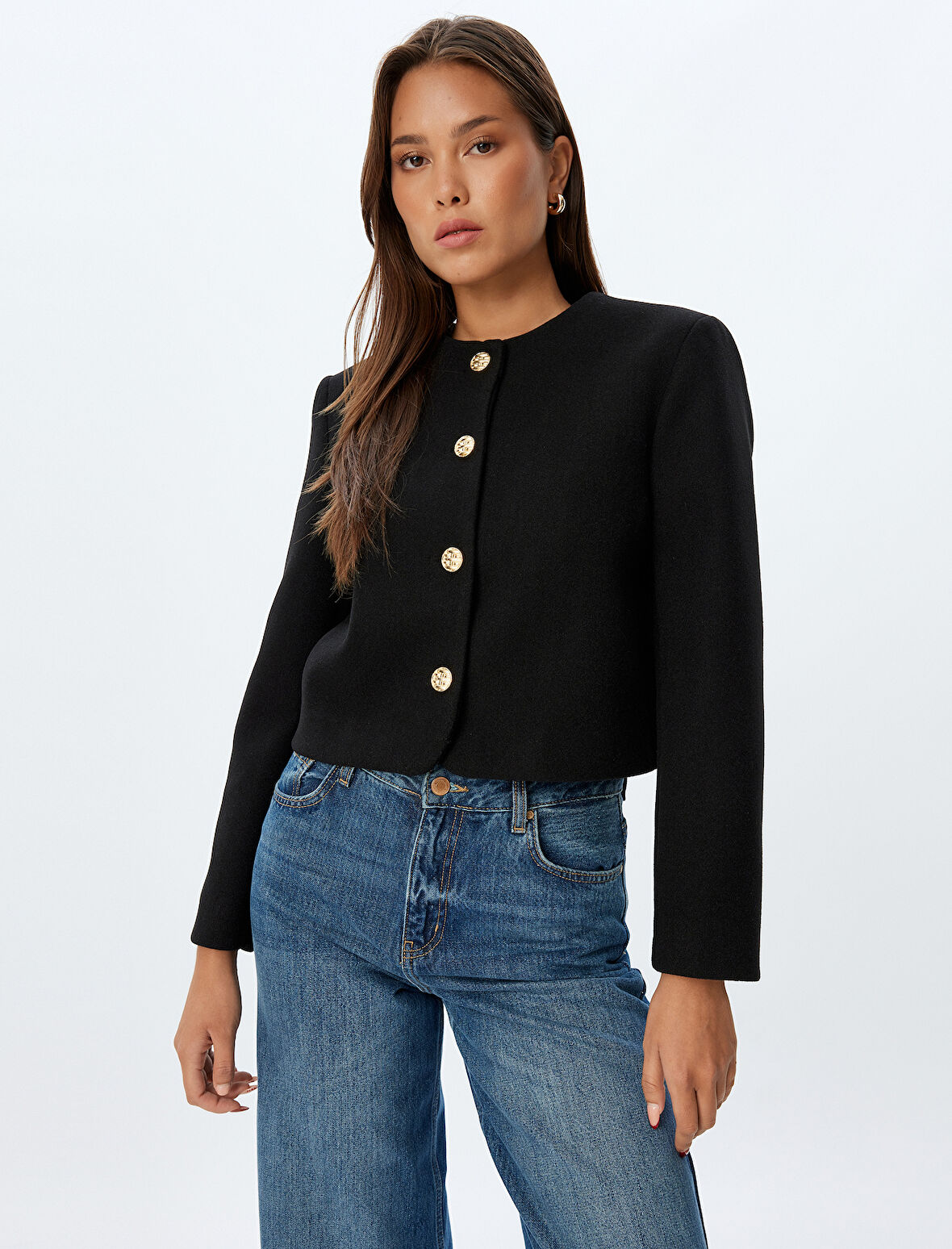 Ceket Yuvarlak Yaka Düğmeli Uzun Kollu