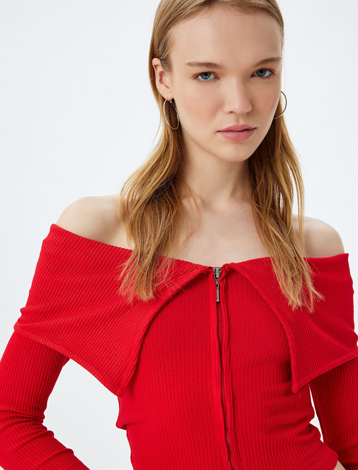 Crop Tişört Uzun Kollu Fermuarlı Fitilli Omzu Açık Slim Fit