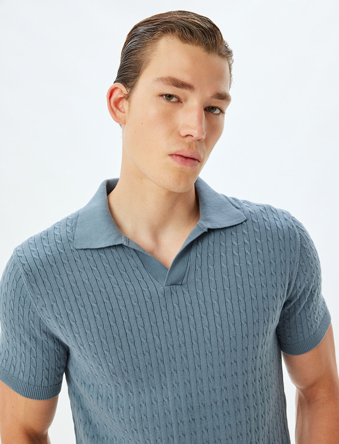 Triko Kazak Kısa Kollu Basic Polo V Yaka Örgü Dokulu Pamuklu