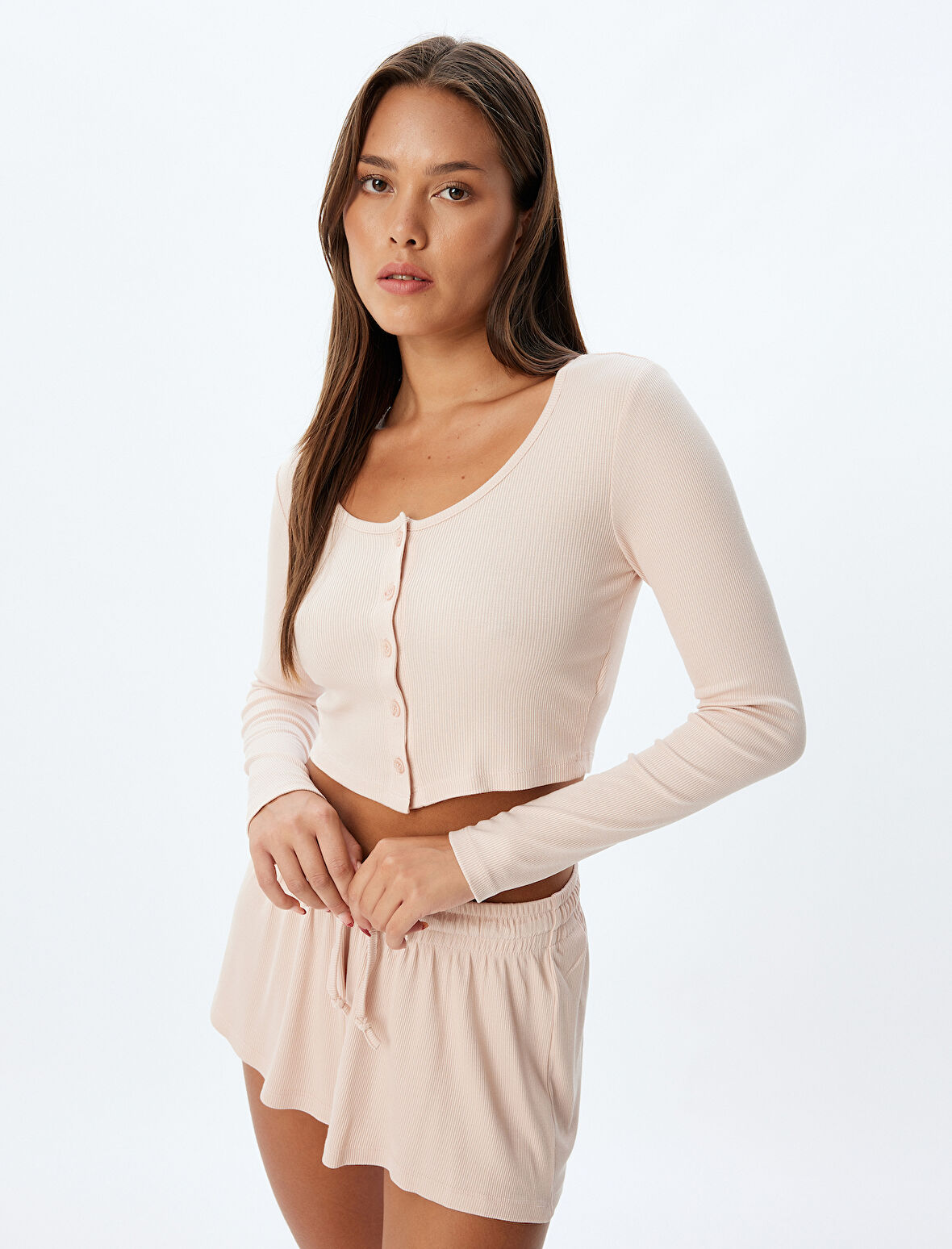 Crop Pijama Üstü Uzun Kollu Düğmeli U Yaka Viskon 