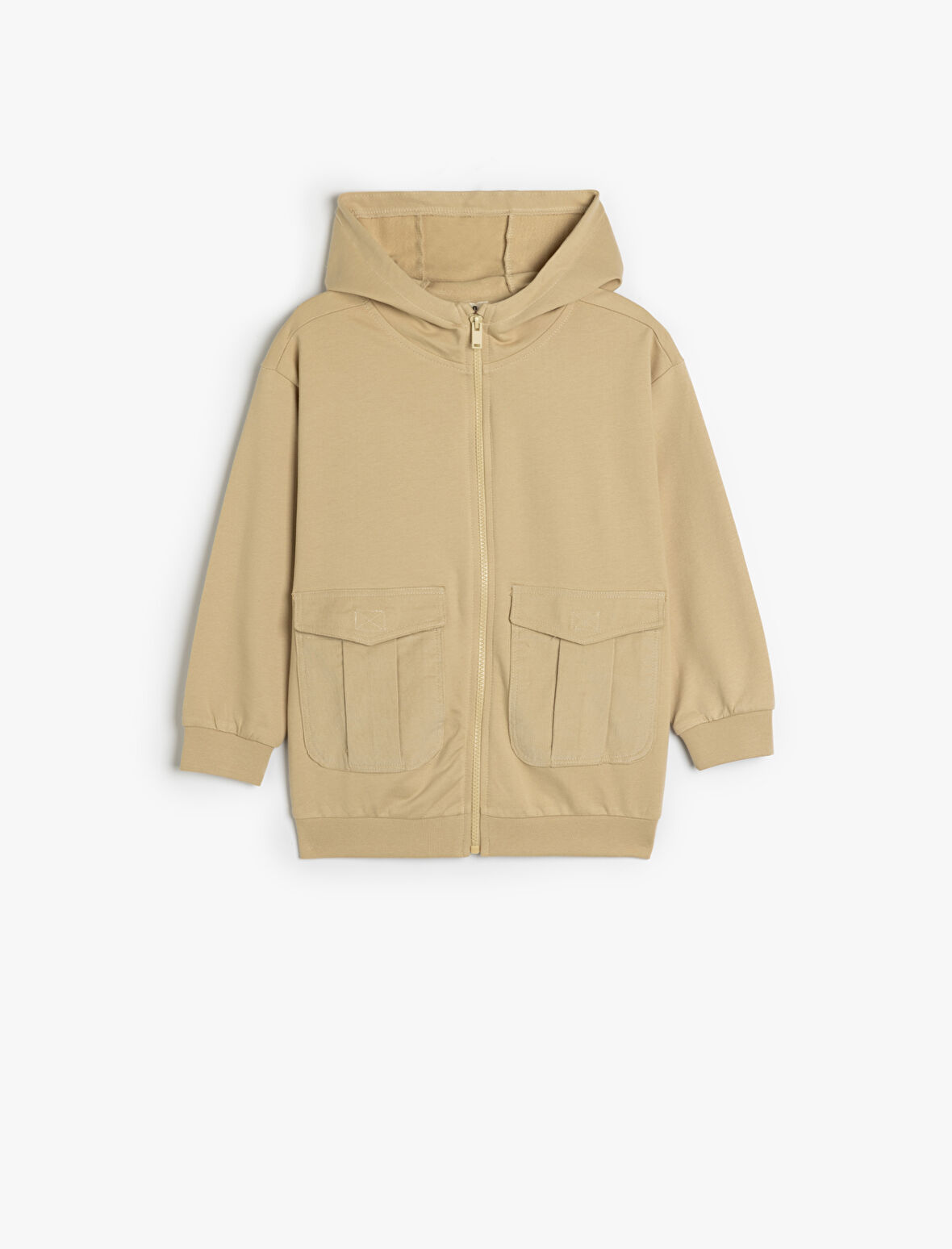 Oversize Kapşonlu Fermuarlı Sweatshirt Cepli Uzun Kollu Pamuklu Şardonlu 