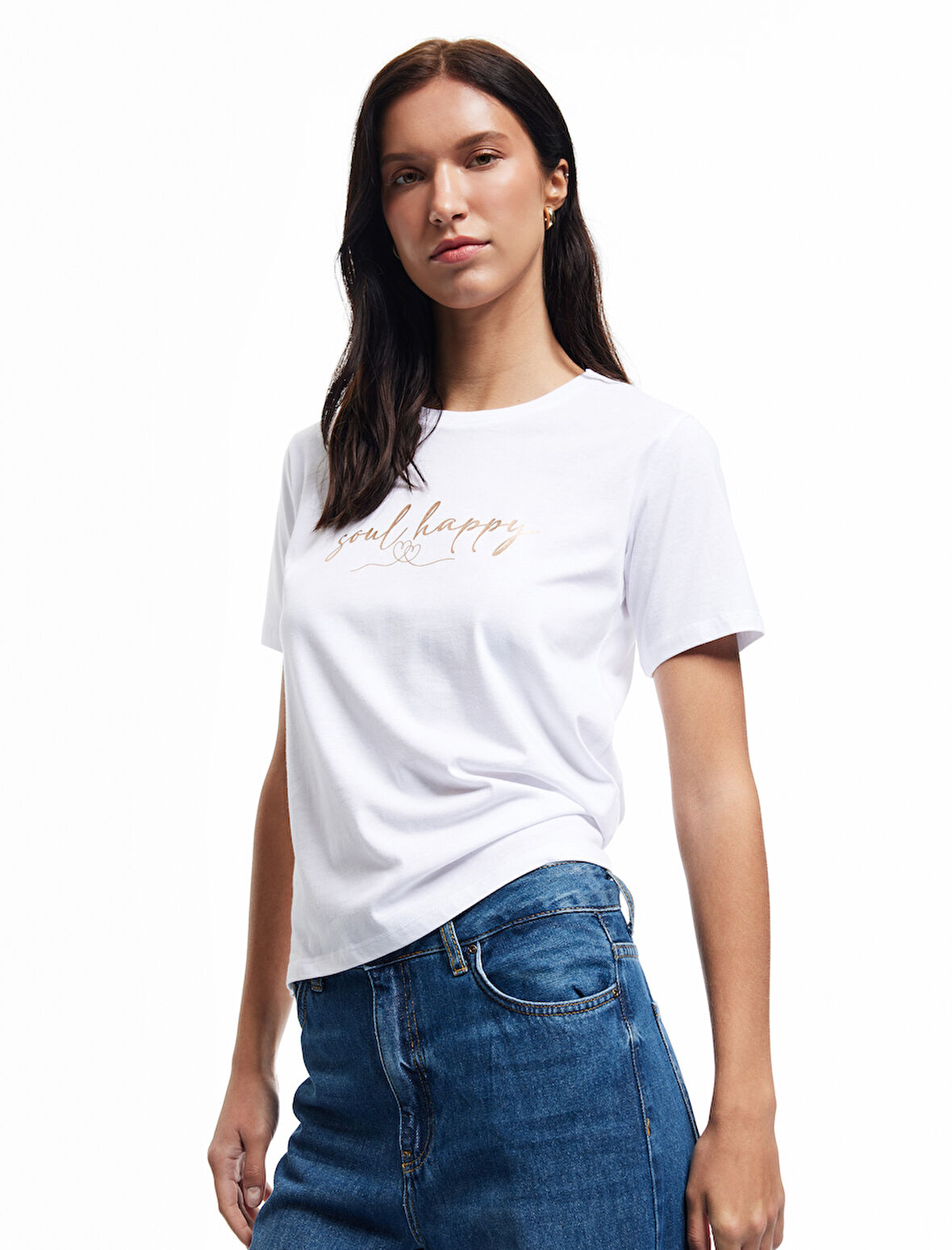 Pamuklu Kısa Kollu Bisiklet Yaka Baskılı Kadın Tişört