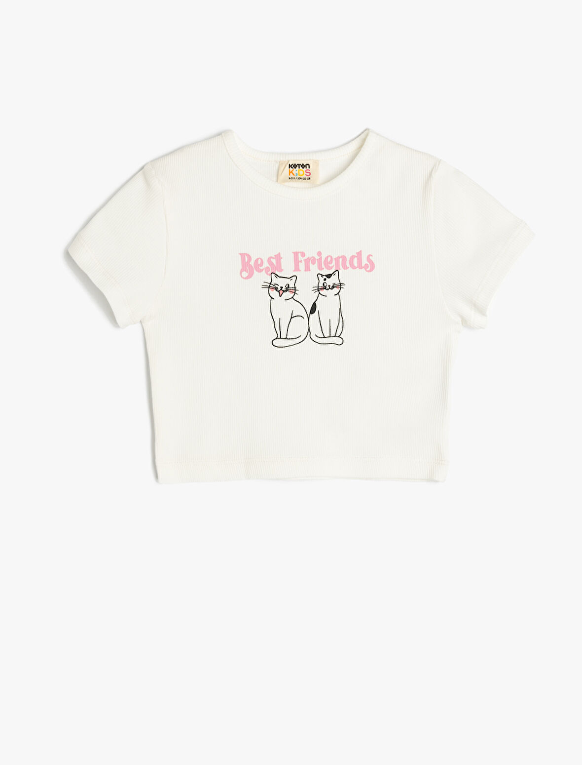 Kedi Baskılı Bisiklet Yaka Kısa Kollu Pamuklu Tişört